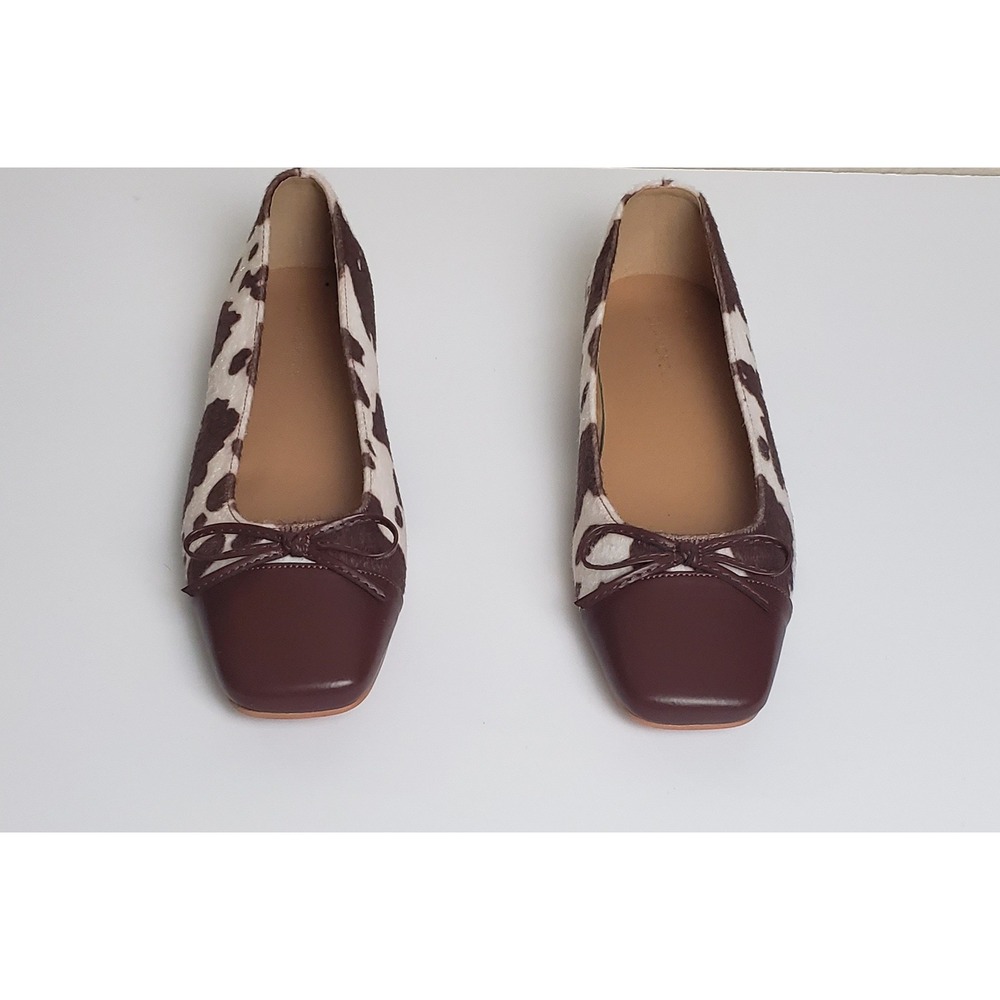 Glamorous Brown Cow Print Faux Calf Hair Square Toe Ballet Flats Bow Accent US 9